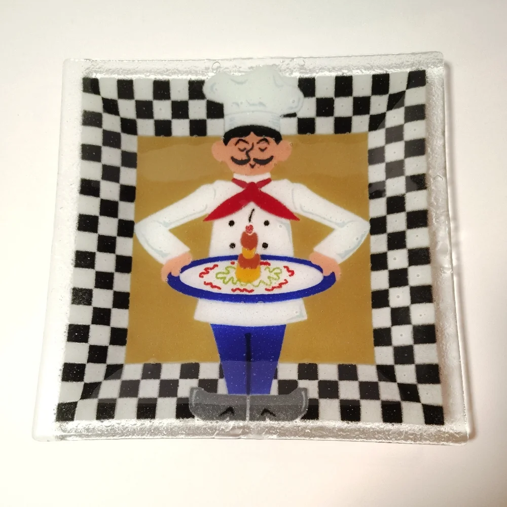 Peggy Karr VTG Fused Art Glass Bistro Chef Square Plate 10
